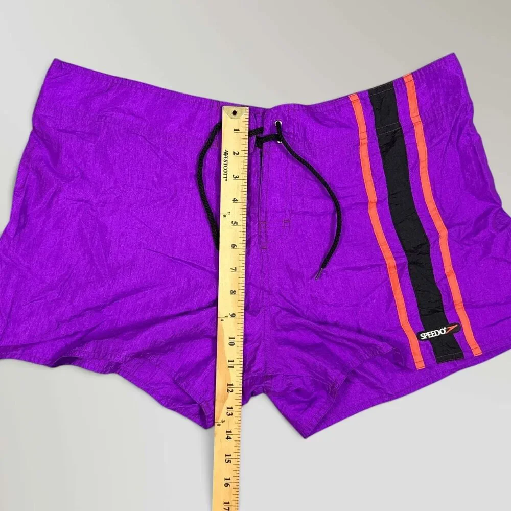 Vintage 90s Speedo Swim Trunks Purple Neon Colorblock Nylon Drawstring Size XL